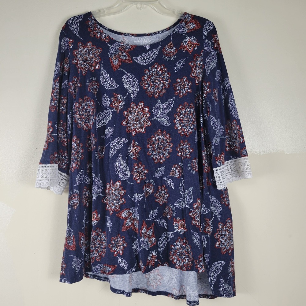 Woman Within Navy Floral Crochet Lace Cuff High-Low Tunic Top 18/20